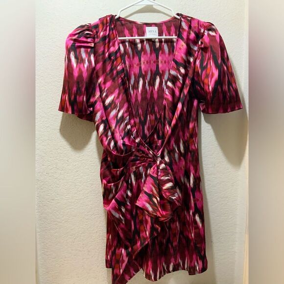 MISA LOS ANGELES Designer Spring Summer Amina Wrap Dress Fuchsia Satin SZ L - Picture 5 of 6